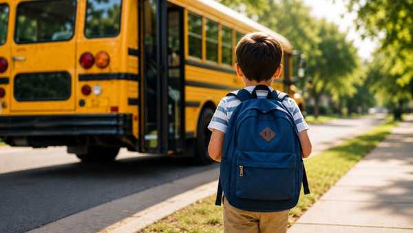 Child with a blue backpack stands on a sidewalk near the open door of a yellow school bus parked along a tree-lined residential street.