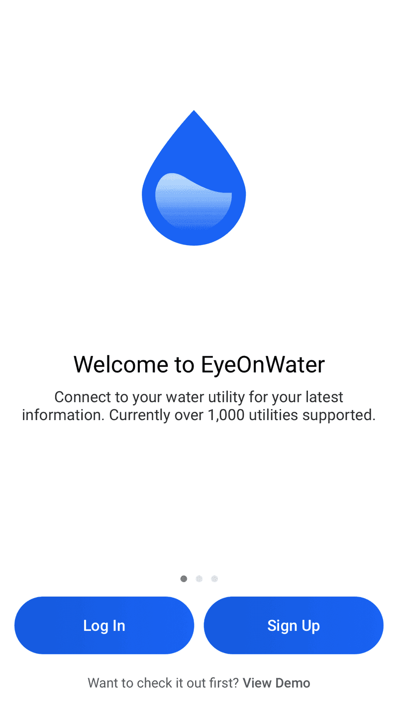 EyeOnWater app welcome screen featuring a water drop logo, options to log in or sign up, and text inviting users to connect with their water utility for account information.
